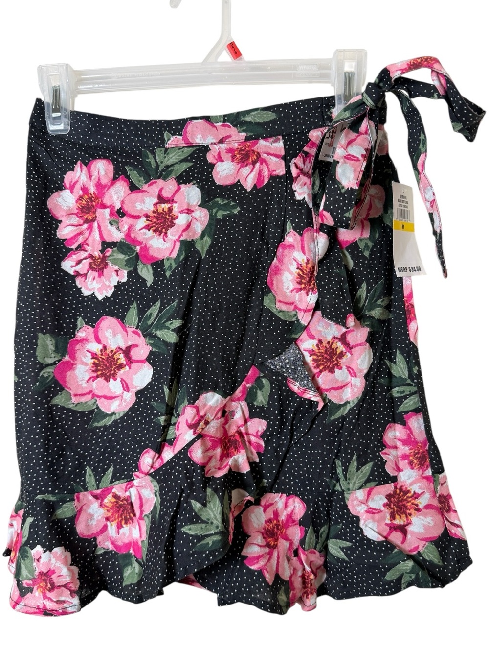 NWT Planet Gold Medium Black Floral Wrap Skirt with Pink Flowers